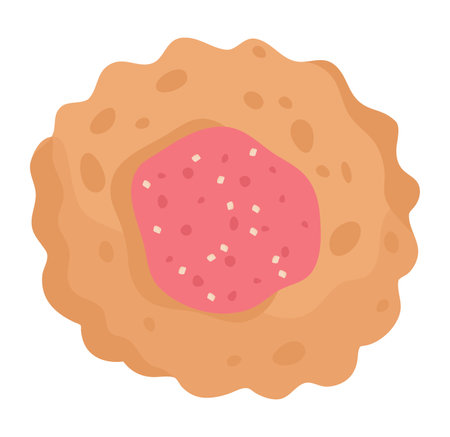 Close-up of a cartoon donut with pink icing and sprinkles. Flat design of a dessert or sweet food. Tasty sugary snack vector illustration.のイラスト素材