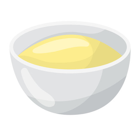 Bowl of yellow liquid on white background. Simple cartoon style representation of soup or sauce. Cuisine and meal preparation vector illustration.のイラスト素材