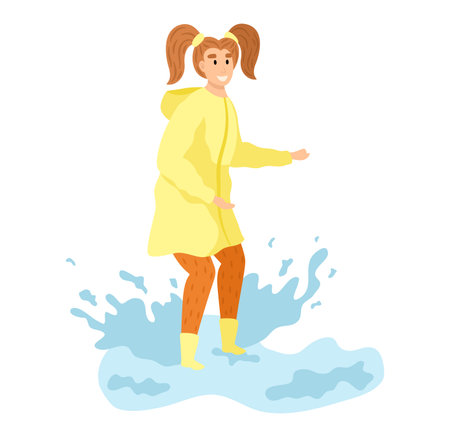 Young girl with pigtails playing in puddle, wearing yellow raincoat and boots. Happy child in rainy weather enjoying water splash. Childhood joy in the rain vector illustration.のイラスト素材