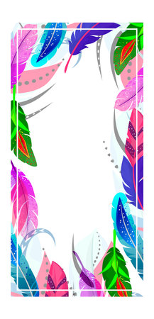 Colorful feathers frame design with space for text in the center. Various vibrant abstract feathers border. Modern decorative background vector illustration.のイラスト素材