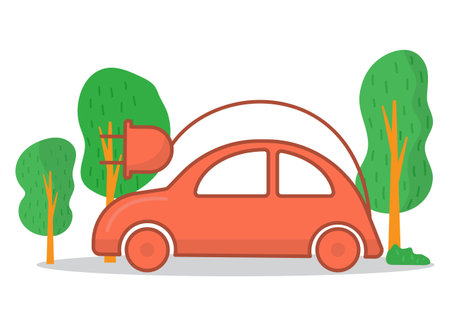 Red electric car plugged into a charging station. Green trees in the background. Eco-friendly transportation vector illustration.のイラスト素材
