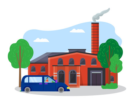 Blue car in front of factory with chimney, driver wearing green shirt. Industrial building with trees. Urban landscape and transportation vector illustration.のイラスト素材