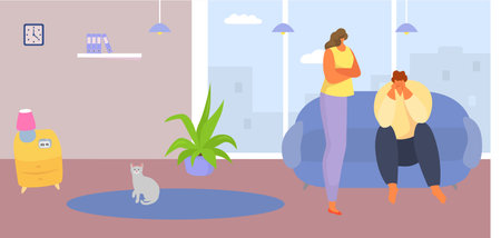 Two people in a living room, one seated on a blue couch looking stressed, the other standing looking thoughtful. Indoor comfort and emotional support vector illustration.のイラスト素材