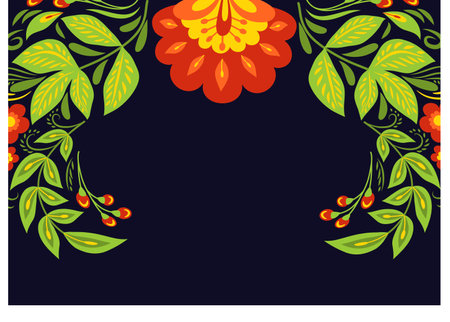 Floral pattern with leaves and berries, symmetrical folk design on dark background. Traditional Khokhloma painting from Russia vector illustration.のイラスト素材