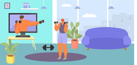 Woman exercising at home with dumbbells, following online fitness program. Indoor workout routine and healthy lifestyle concept vector illustration.のイラスト素材