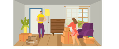 Man holding box helping with home relocation, woman arranging curtain in new house. Moving day, new home, unpacking boxes vector illustration.のイラスト素材