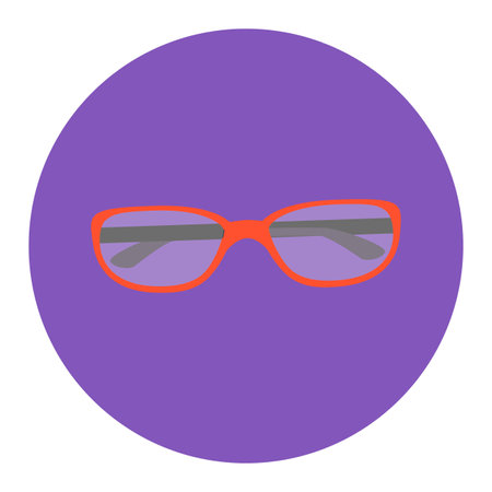 Red glasses with thick frame on a purple background. Simple fashion accessory illustration. Eyewear fashion and stylish accessory vector illustration.のイラスト素材