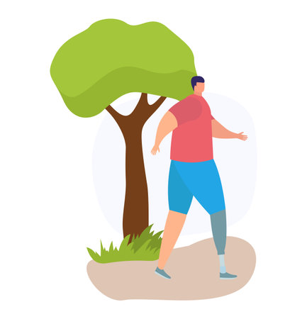 Overweight man exercising beside a tree, wearing casual sportswear. Individual committing to fitness and outdoor workout vector illustration.のイラスト素材