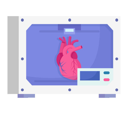 Human heart inside a 3D printer. Medical technology and futuristic healthcare concept. Organ printing and regenerative medicine vector illustration.のイラスト素材