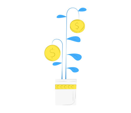 Golden coins growing on a blue-leafed plant in a pot, concept of investment growth. Financial success and savings concept, investment income vector illustration.のイラスト素材