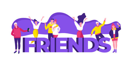 Group of diverse people celebrating friendship, smiling and gesturing. Cartoon characters near large letters FRIENDS. Joyful social gathering vector illustration.のイラスト素材