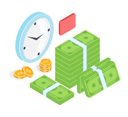 Stacks of money next to coins and a clock. Isometric dollar bills and gold coins with a time concept. Finance and investment deadline vector illustration.のイラスト素材