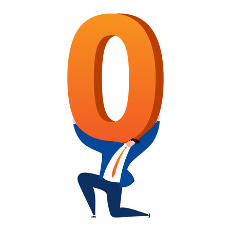 Cartoon businessman carrying a giant letter O. Colorful character holding oversized alphabet. Challenge and task completion vector illustration.のイラスト素材
