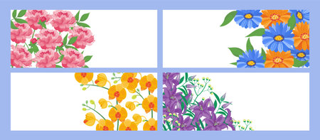 Wedding invitation with flower set, vector illustration. Graphic floral pattern at card design, spring frame at wedding party celebration poster. Vintage banner with summer leaves collection.のイラスト素材