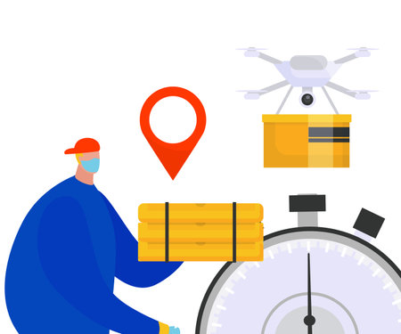 Delivery man with a package, drone flying with a box, location pin above. Logistics and modern delivery service vector illustration.のイラスト素材