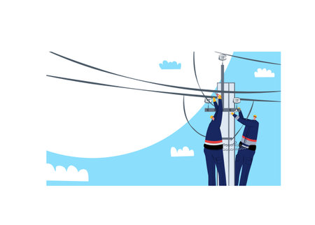 Electricians working on power lines with tools, clear sky. Technicians repairing electrical equipment on utility pole. Maintenance work and safety procedures vector illustration.のイラスト素材