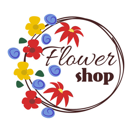 Colorful floral design for flower shop logo with a circular frame. Bright flowers and leaves surround elegant script text. Creative logo design vector illustration.のイラスト素材