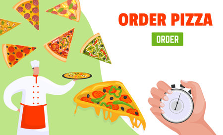 Chef holding pizza, fast delivery concept. Hand with stopwatch, time to order food online. Quick service and tasty meal vector illustration.のイラスト素材