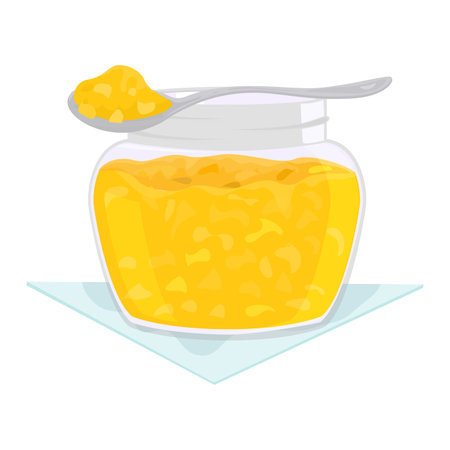 Glass jar full of golden honey with a silver spoon on top. Closed honey jar vector illustration.のイラスト素材