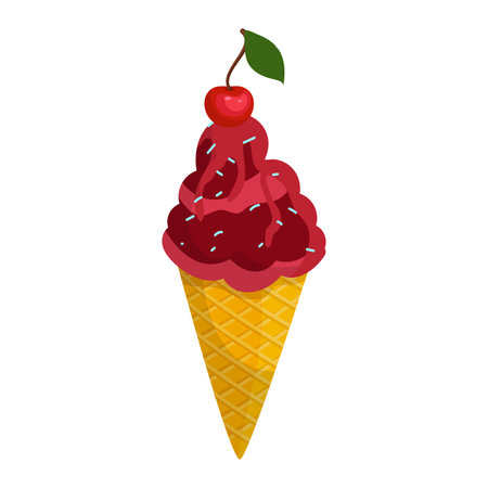 Cherry on top of whipped cream in ice cream cone. Sweet summer dessert with sprinkles vector illustration.のイラスト素材