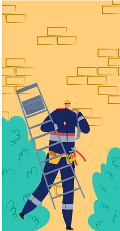 Caucasian male electrician carrying ladder and tools. Professional worker with safety gear fixing issues. Skilled trade jobs and electrical maintenance vector illustration.のイラスト素材