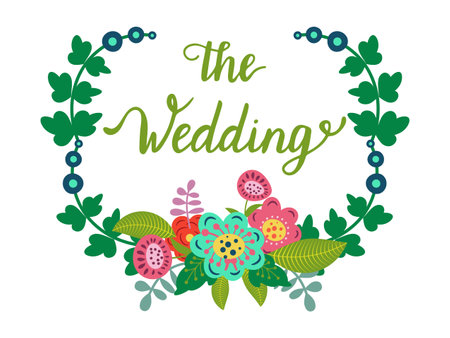 Floral wedding invitation design with colorful flowers and greenery wreath. Elegant marriage celebration card with calligraphy. Romantic botanical arrangement vector illustration.のイラスト素材