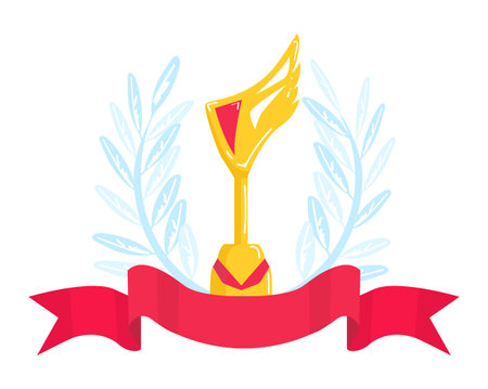 Gold trophy cup with red ribbon and laurel wreath. Award for victory or achievement, sport championship prize. Celebration and success concept vector illustration.のイラスト素材