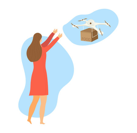 Woman receiving a package from a delivery drone. Female in red dress accepts food box from flying robotic courier. Contactless delivery and modern technology vector illustration.のイラスト素材