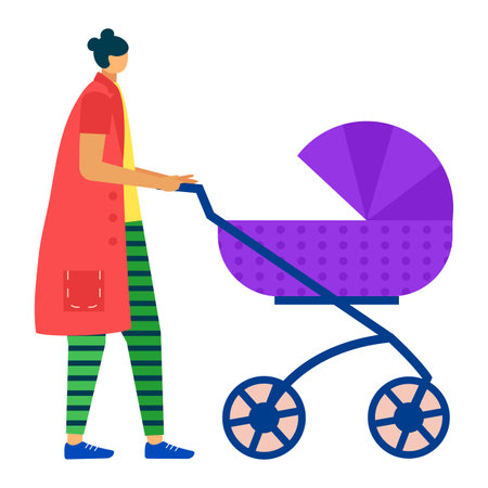 Woman in colorful clothes pushing a purple baby stroller. Modern mother walk with infant carriage vector illustration.のイラスト素材