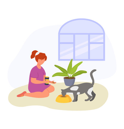Red-haired woman sitting with coffee, cat eating from bowl indoors. Casual home life with pet, relaxation. Peaceful moment, pet care vector illustration.のイラスト素材