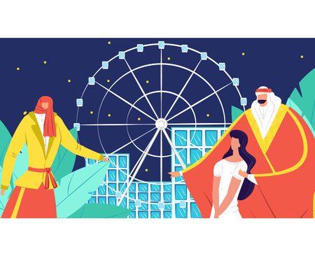 Arab man in traditional dress with woman at amusement park. Middle Eastern couple enjoying time near Ferris wheel. Cultural diversity and leisure time vector illustration.のイラスト素材