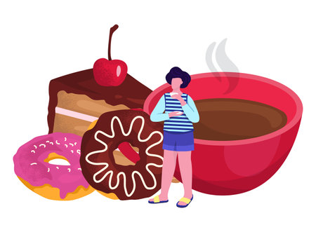 Woman standing with giant doughnut, cake slice, and coffee. Casual clothing, contemplating sweet food, oversized dessert concept vector illustration.のイラスト素材