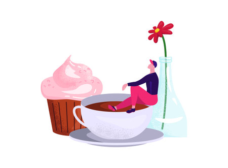Tiny man sitting in a giant coffee cup beside a large cupcake and flower in a bottle. Relaxation, whimsy, and coffee break concept vector illustration.のイラスト素材