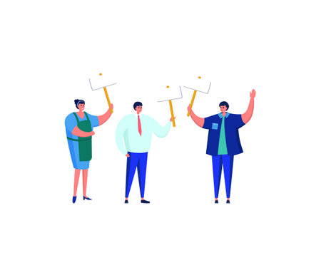 Three cartoon people holding rollers with paint. Artistic team working together, creative concept, teamwork vector illustration.のイラスト素材