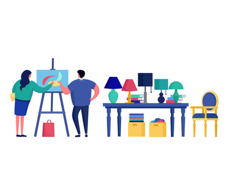 Woman and man painting on canvas in art workshop. Artists with palette creating artwork. Creative hobby and artistic work vector illustration.のイラスト素材