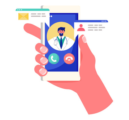 Hand holds smartphone with male doctor on screen, online consultation concept. Telemedicine and virtual healthcare vector illustration.のイラスト素材