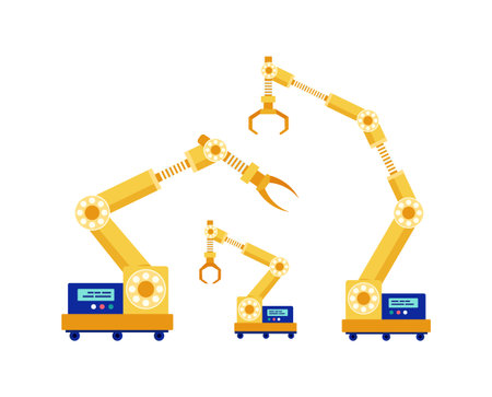 Robotic arms with various end effectors on white background. Industrial robots, automation concept, manufacturing vector illustration.のイラスト素材