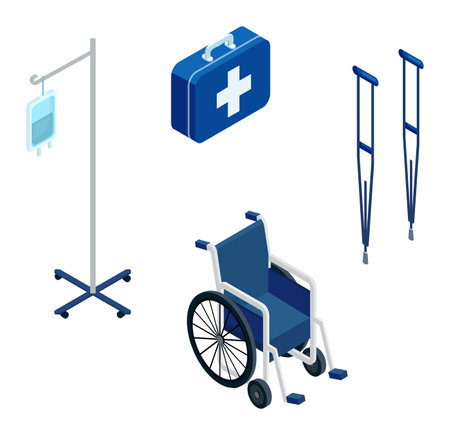 Isometric medical equipment including wheelchair, IV drip, first aid kit, and crutches. Healthcare and hospital tools vector illustration.のイラスト素材