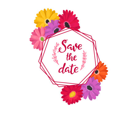 Floral Save the date invitation with colorful flowers. Geometric hexagon with pink, orange, and yellow daisies. Wedding announcement botanical design vector illustration.のイラスト素材