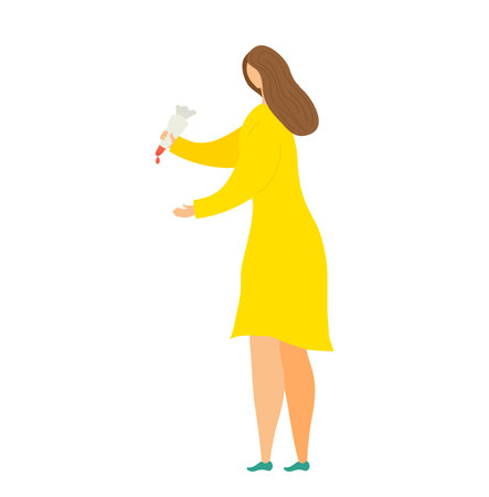 Woman in yellow dress painting wall with brush, home renovation and DIY concept. Decorator at work vector illustration.のイラスト素材