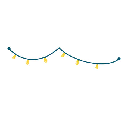 String of cartoon lights hanging, simple yellow bulbs on a wire. Decoration and lighting for party or festivity vector illustration.のイラスト素材
