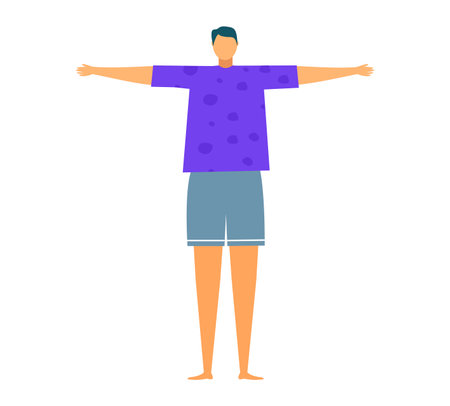 Flat design of person with arms wide open wearing a polka dot shirt and shorts. Casual style and welcoming gesture vector illustration.のイラスト素材