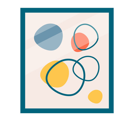 Abstract geometric shapes art with circles and ovals in blue, orange, yellow. Modern minimalist design with overlapping elements. Scandinavian style home decor vector illustration.のイラスト素材