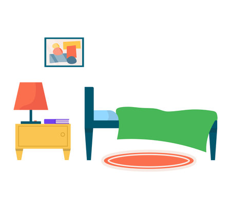 Cozy living room interior setup with bed, nightstand, lamp, and wall art. Simple home furnishing with contemporary design vector illustration.のイラスト素材