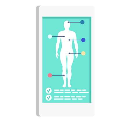 Human body infographic on a mobile device, showing anatomy or health data. Digital health app, medical technology concept. Personal healthcare monitoring vector illustration.のイラスト素材