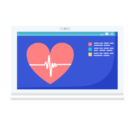 Laptop screen with heart symbol and ECG line. Digital health concept, online medical services. Heartbeat monitor interface vector illustration.のイラスト素材