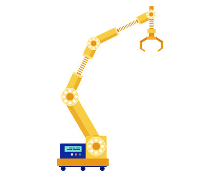 Industrial robotic arm, yellow automation machinery. Robotic manufacturing equipment. Future technology, automation factory vector illustration.のイラスト素材