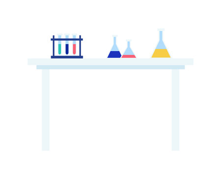 Laboratory equipment on a table with test tubes and flasks. Scientific research and chemistry concept vector illustration.のイラスト素材