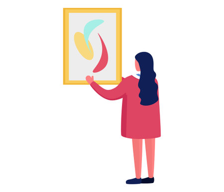 Woman hanging abstract art on wall. Female admires modern painting in gallery. Art appreciation and home decor vector illustration.のイラスト素材