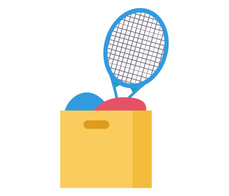 Tennis racket and ball in a yellow gym bag. Simplified tennis equipment illustration. Sports gear vector illustration.のイラスト素材